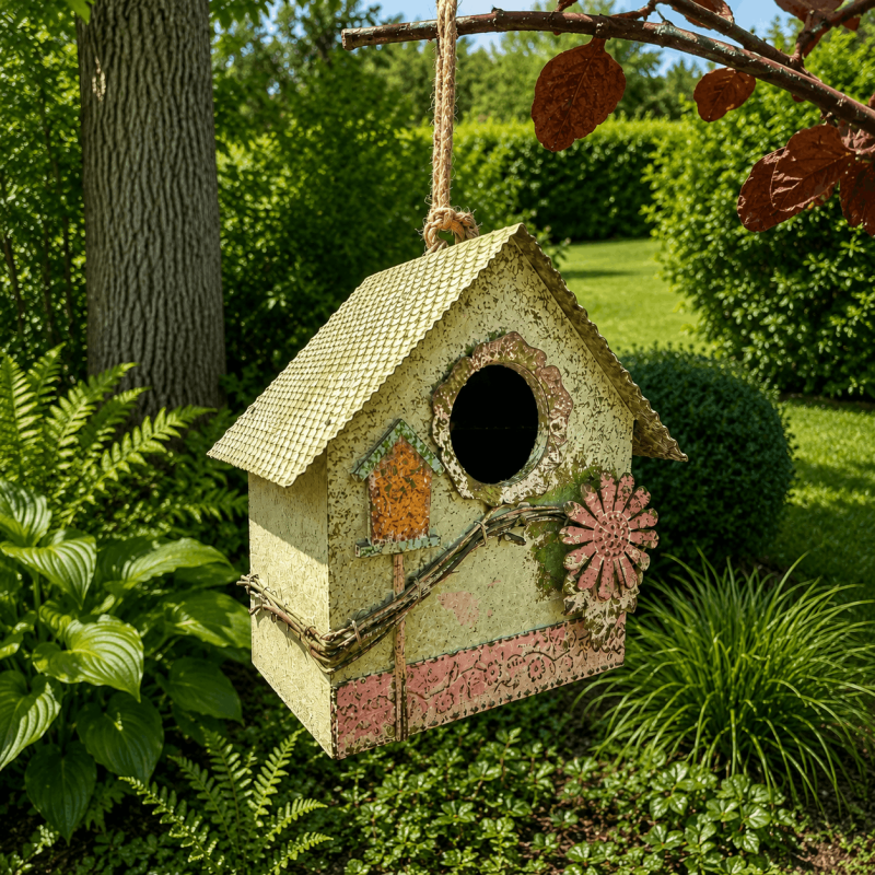 Nichoir à oiseaux rustique installé dans un jardin fleuri