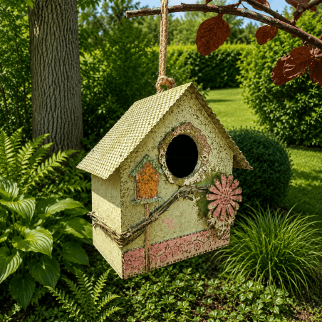Nichoir à oiseaux rustique installé dans un jardin fleuri