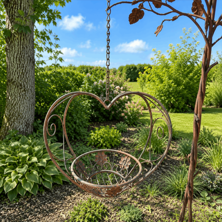 Jardinière suspendue en forme de cœur dans un jardin naturel