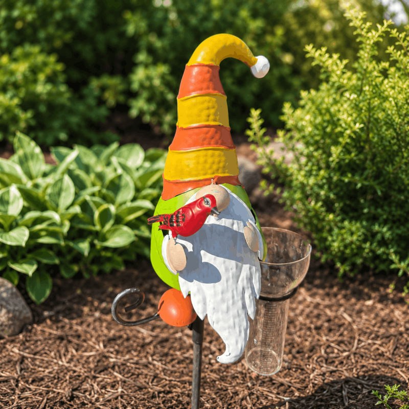 Pluviomètre décoratif nain de jardin sur pic
