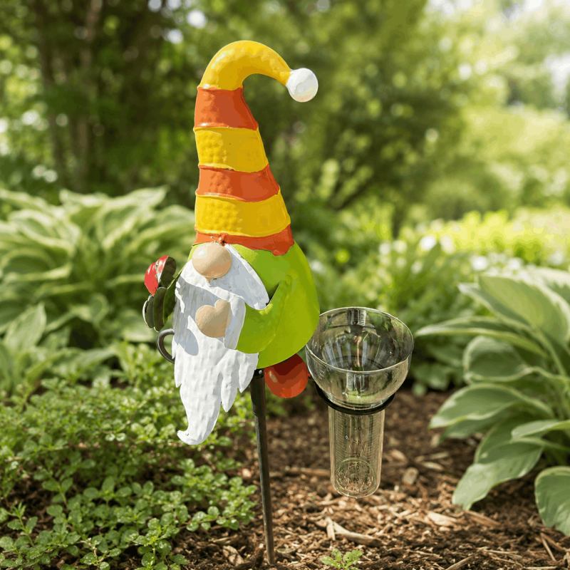 Pluviomètre décoratif nain de jardin sur pic