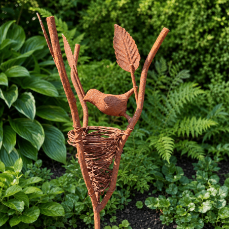 Décoration de jardin sur pic avec oiseau, nid et feuillages