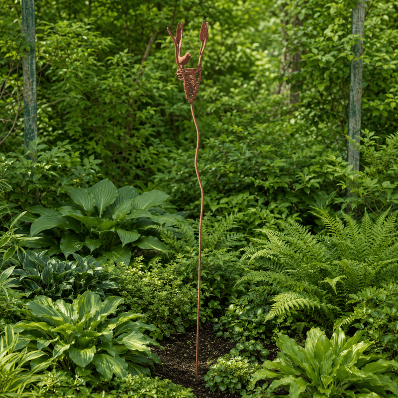 Pic décoratif oiseau et nid en métal rouillé – 119 cm