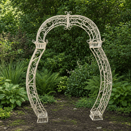 Grande arche de jardin en métal ivoire patiné – Vue de face