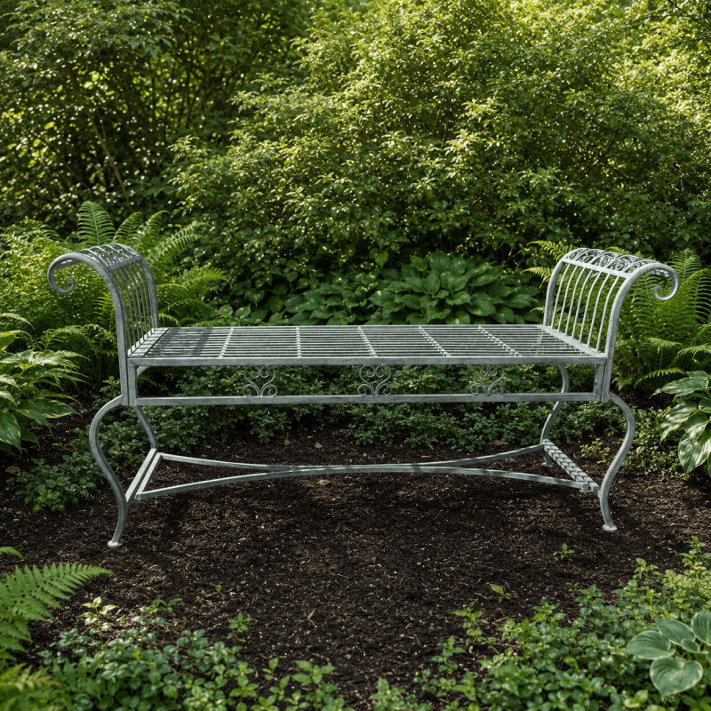Banquette de jardin en métal vert-de-gris patiné – Vue complète