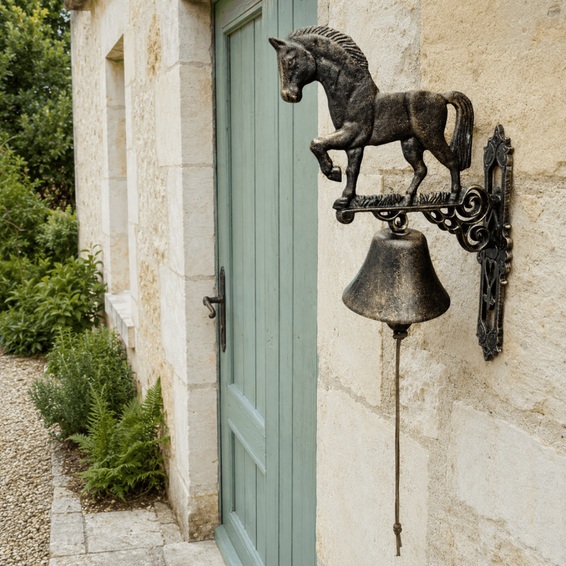 Sonnette murale cheval en fonte finition marron doré vue de profil