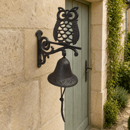 Cloche de porte en fonte avec chouette ajourée et patine brun bronze