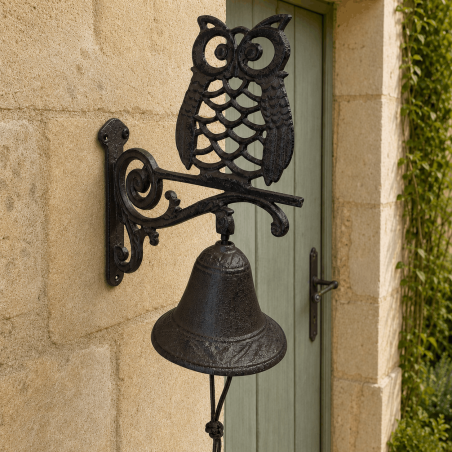 Sonnette murale décorative motif hibou avec cloche ornée