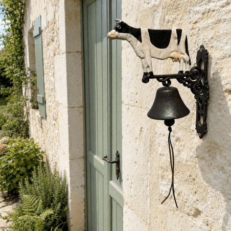 Sonnette murale de ferme motif vache noire et blanche
