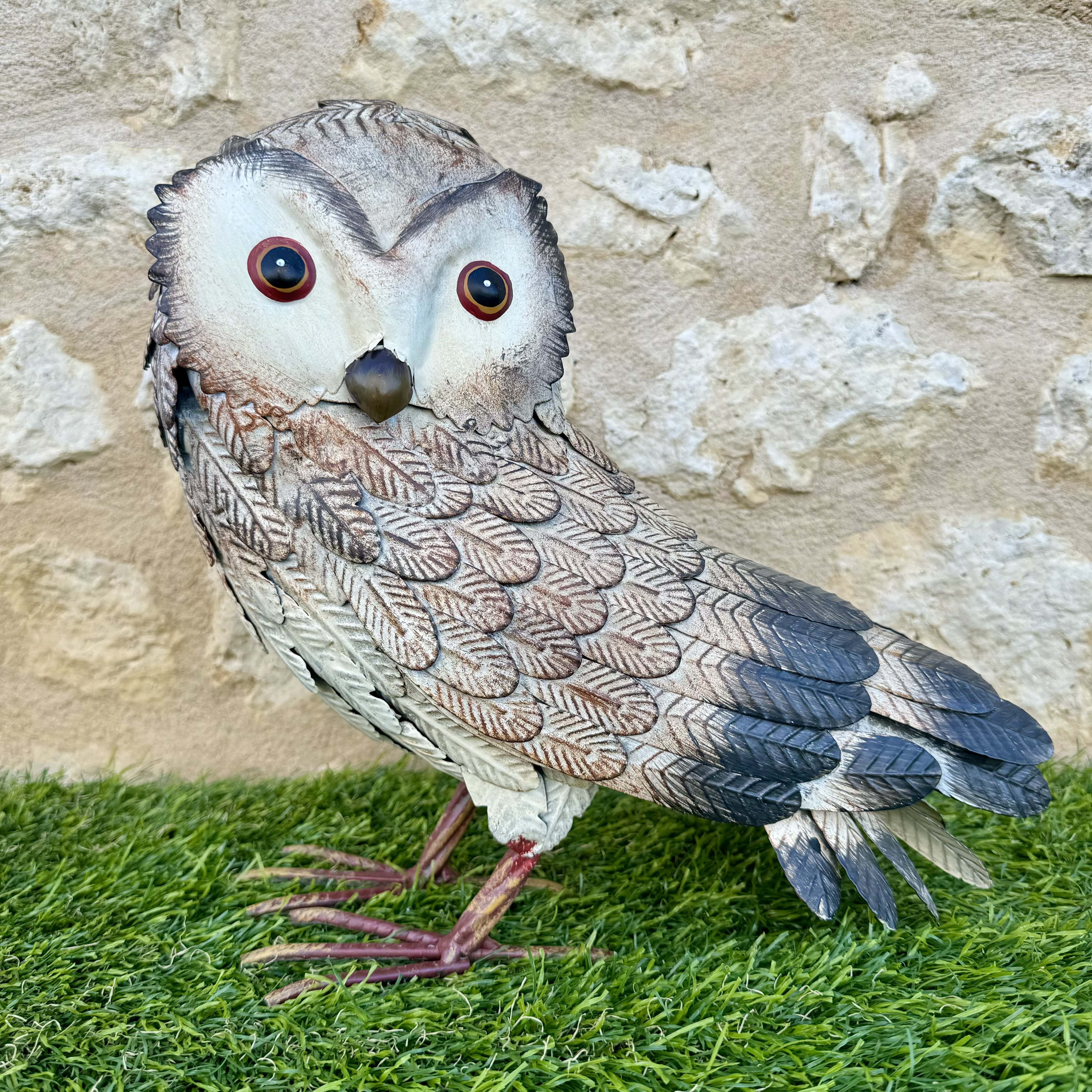 Figurine Chouette Peinte à La Main – Vintage, Métal Et Verre, Socle En Bois, Artisanat Français, Décoration Animaux Sauvages